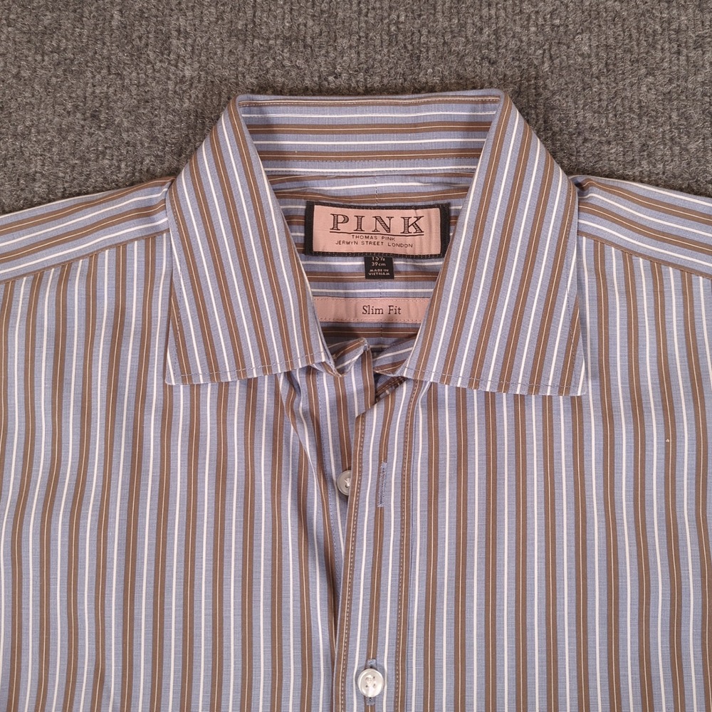 Thomas Pink Jermyn Street London Slim Fit Striped Dress Shirt Blue Brown 15.5 39